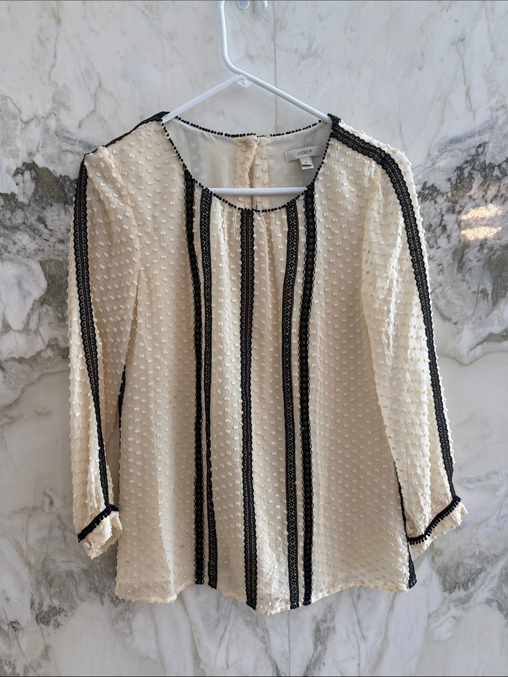 J. Crew Cream Swiss Dot Blouse with Black Lace Stripes